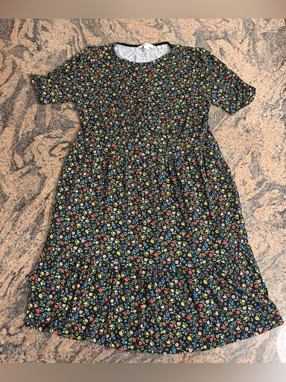 Boden Black Multi Floral Short Sleeve Tiered Fit & Flare Minidress, Size 8